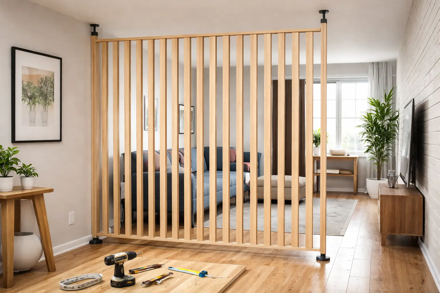 How to build a pressure-mounted wooden room divider without damaging floors or ceilings