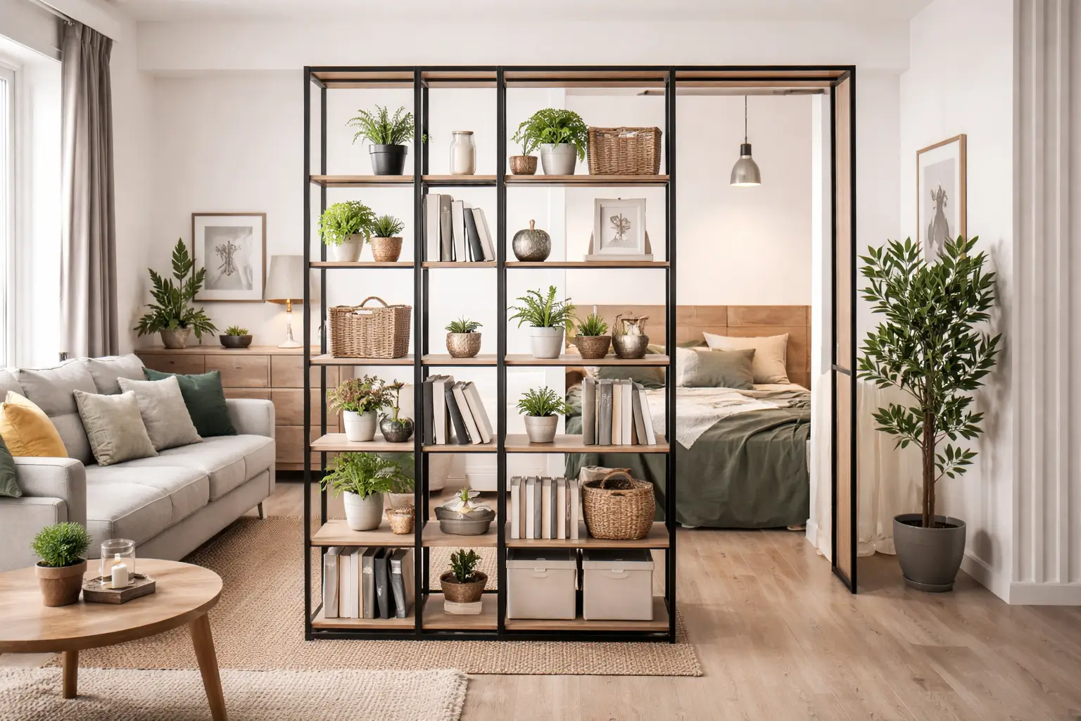 Lightweight Room Dividers with Integrated Shelving for Rental Spaces